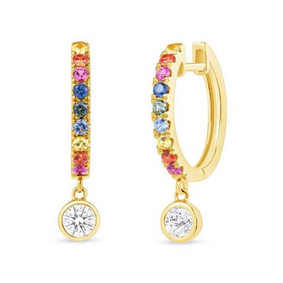 14K Yellow Gold 0.32 CT Multicolor Gemstones and 0.20 CT Diamonds Hoop Earrings